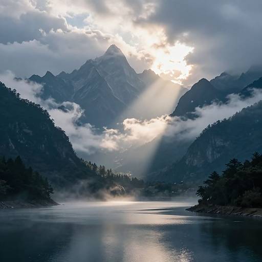 Ethereal Mountain Peaks and Serene Lake