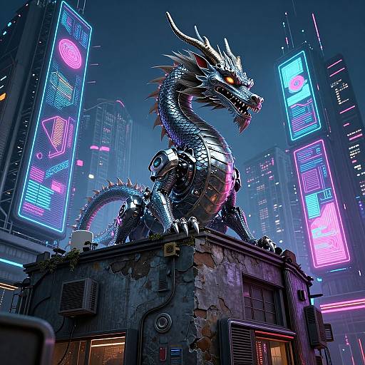 Neon-lit cybercity at night with a metallic, dragon-like creature perched on a worn, industrial building. Bright, colorful signs illuminate the
