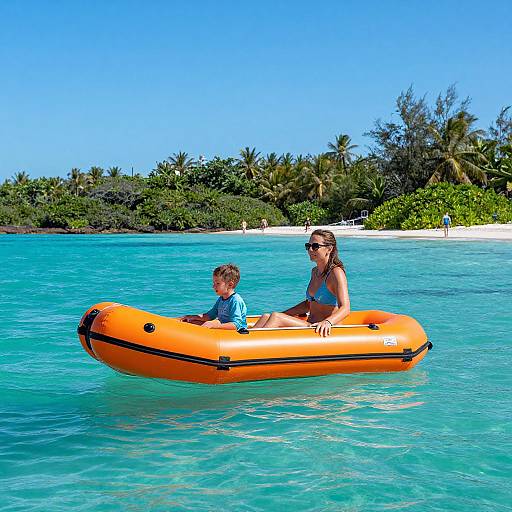 Photograph of a woman in a blue bikini and sunglasses, and a young boy in a blue shirt, in an orange inflatable boat on clear turquoise water
