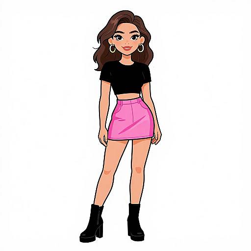 Digital illustration of a stylish young woman with long brown hair, wearing a black crop top, pink skirt, black ankle boots, and large hoop earrings,
