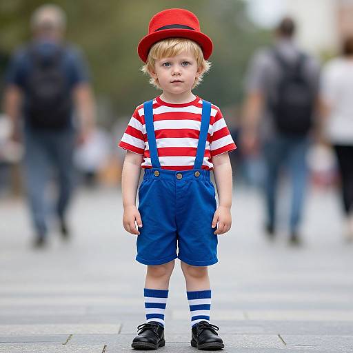 Photograph of a blonde toddler in a red hat, red-and-white striped shirt, blue overalls, blue-and-white striped socks, and black shoes