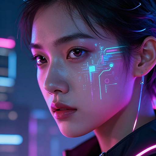 Cyberpunk-style photograph of an Asian woman with glowing neon circuitry on her cheek, dark hair, and purple-blue lighting.
