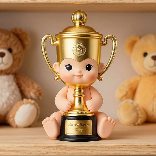 Photograph of a cherubic, nude, baby figurine with golden trophy, sitting on a wooden shelf, surrounded by two teddy bears.