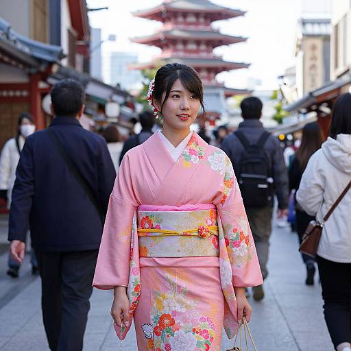 Photograph of a smiling Asian woman in a pink floral kimono, standing in a bustling Japanese street, surrounded by people.