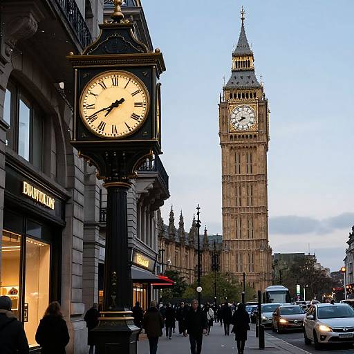Photograph of a busy London street at dusk, featuring Big Ben clock tower, a lit black street clock, and pedestrians.