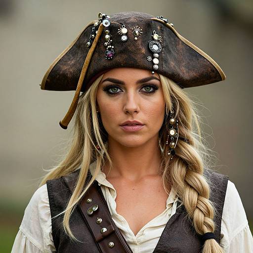 Photograph of a blonde woman with blue eyes, wearing a pirate hat adorned with jewels, a white shirt, and black vest, with a long b
