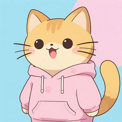 Cute, cartoon-style orange cat with black eyes and pink hoodie, smiling with open mouth, against light blue and white background. Digital art.