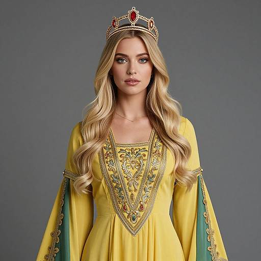 Blonde Woman in Embroidered Dress