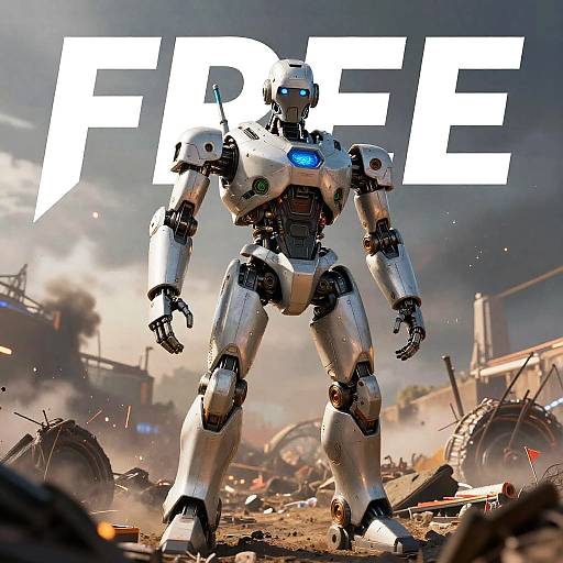 CGI image of a silver, blue-lit, humanoid robot standing in a war-torn, debris-filled landscape with 