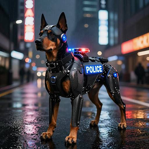 Photograph of a cybernetic police dog in a futuristic black suit with blue lights, standing on a rainy urban street with neon lights in the background