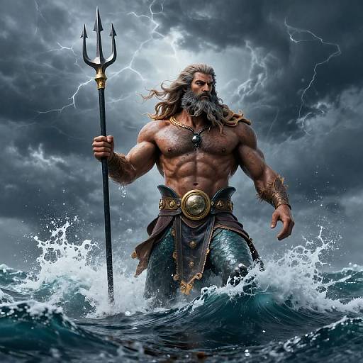 Digital artwork of a muscular, bearded Poseidon-like sea god with long hair, holding a trident, standing in turbulent ocean waves, lightning illumin