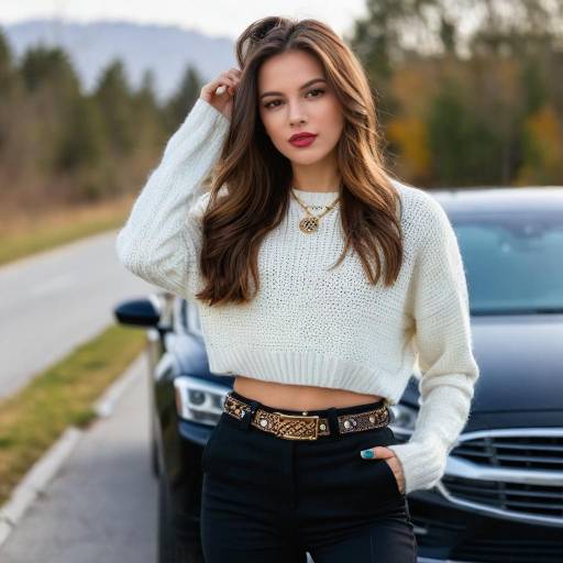Stylish Woman in White Sweater by Black Car