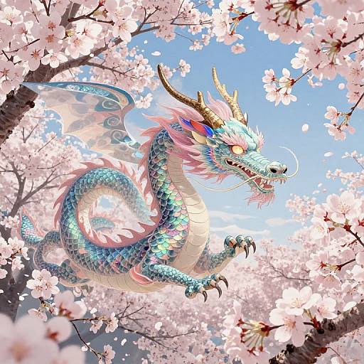 Digital artwork of a colorful, dragon with blue scales, pink accents, and golden horns, flying amidst blooming cherry blossoms against a bright blue sky