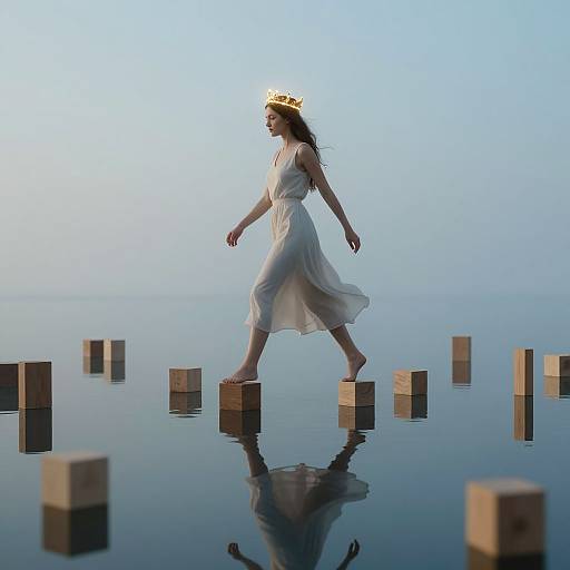 Photograph of a woman in a flowing white dress, golden crown, walking on wooden blocks in a calm, reflective blue water.
