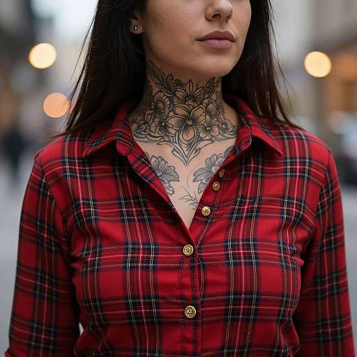 Photograph of a woman with dark hair, red plaid shirt, and intricate black floral tattoos on her neck and chest, standing in a blurred urban