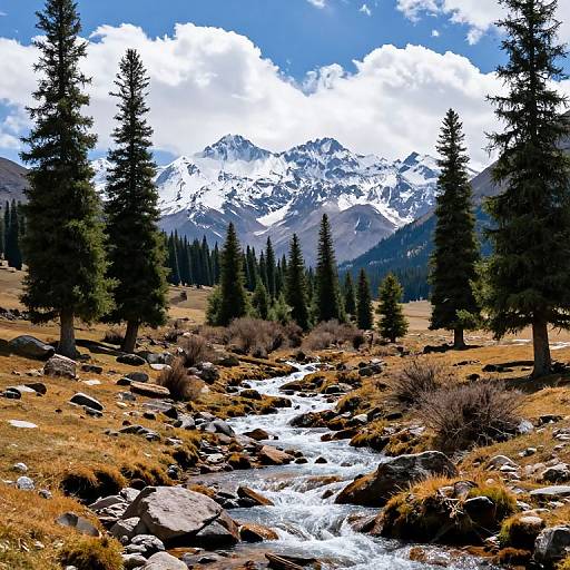Photograph of a mountainous landscape with a clear blue sky, snow-capped peaks, evergreen trees, and a rocky stream flowing through a grass