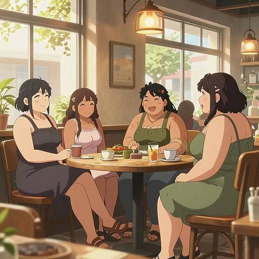 Four smiling, plus-sized women in sundresses and aprons sit at a sunlit café table, enjoying drinks and food, surrounded by potted plants