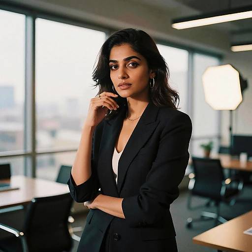 Photograph of a confident, dark-haired woman with medium brown skin, wearing a black blazer and white top, standing in a modern, sunlit
