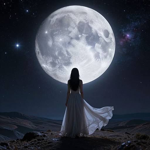 Silhouetted woman in flowing white dress gazes at glowing full moon in starry night sky, standing in dark, rocky landscape.