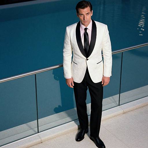 Photograph of a handsome man with short dark hair, in a white tuxedo with black lapels, black pants, and black shoes, standing