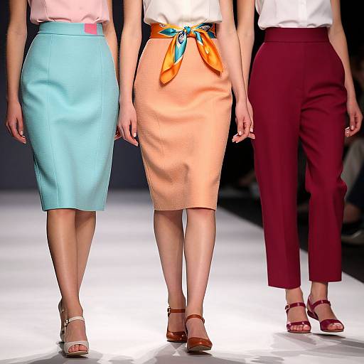 Photograph of three women's lower bodies on a runway, wearing light blue, peach with orange bow, and burgundy skirts, with matching shoes.