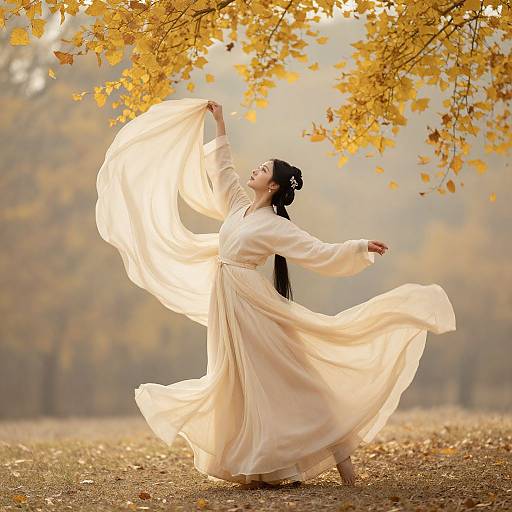 Photograph of an Asian woman in a flowing white dress, dancing under autumn leaves, with golden sunlight filtering through branches.