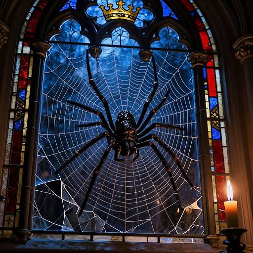 Gothic stained glass window featuring a large black spider in a web, illuminated by blue light, with a candle below.
