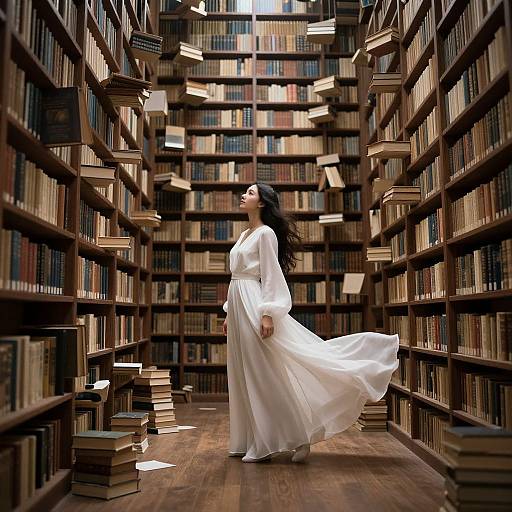 Photograph of a woman in a flowing white dress, standing amidst floating books in a dimly lit, wooden bookshelf-filled room.