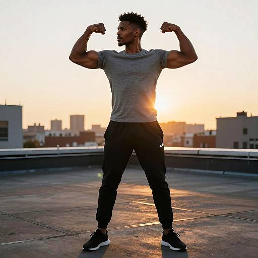 Muscular Black Man Flexing Rooftop Sunset