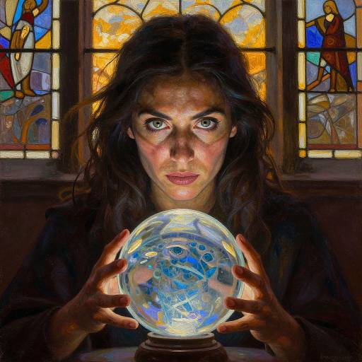 Photograph of a woman with intense green eyes holding a glowing, blue and white crystal orb in front of colorful stained glass windows.