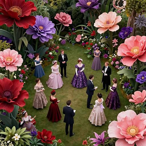 Photograph of a colorful, floral garden scene with six women and four men in Victorian-style attire, surrounded by oversized pink, red, purple, and