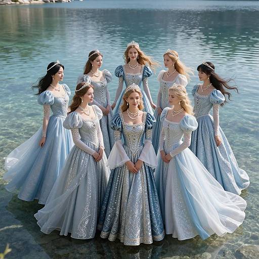 Photograph of seven fair-skinned, blonde and brunette women in blue and white, sparkly, full-length ball gowns standing in clear water,