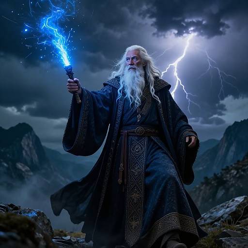 Photograph-style digital art: White-bearded wizard with long white hair, wearing ornate dark blue robe, holding glowing blue lightning in stormy mountain