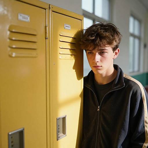 Photograph of a young, fair-skinned boy with messy brown hair, wearing a black zip-up hoodie, leaning against yellow school lockers in a