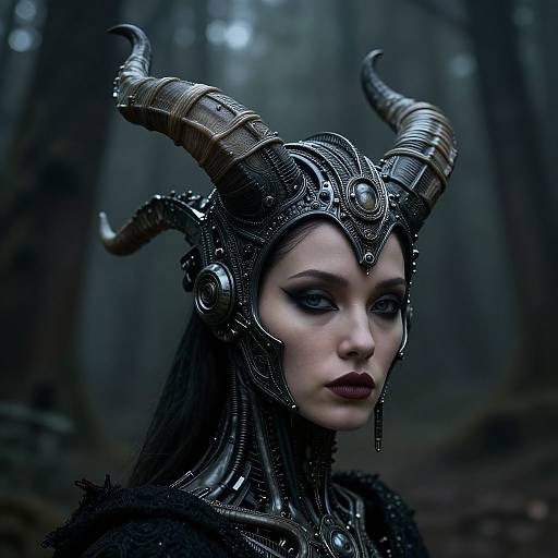 Digital artwork of a pale-skinned woman with dark makeup, wearing a detailed, metallic horned headpiece, in a foggy forest. Gothic,