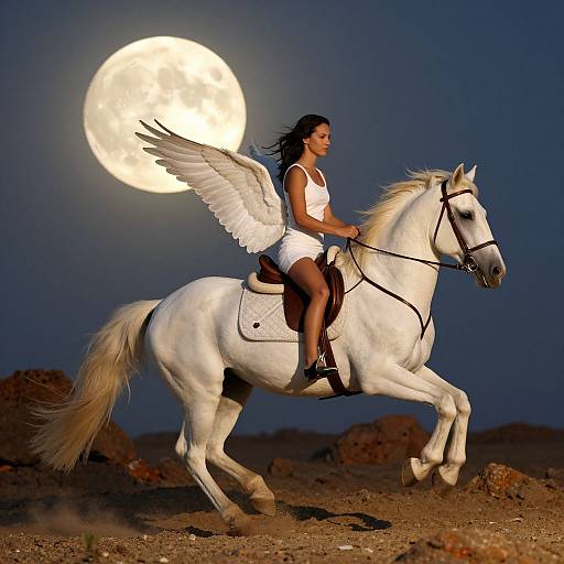 Photograph of a winged woman in a white dress riding a white horse under a full moon in a rocky desert.