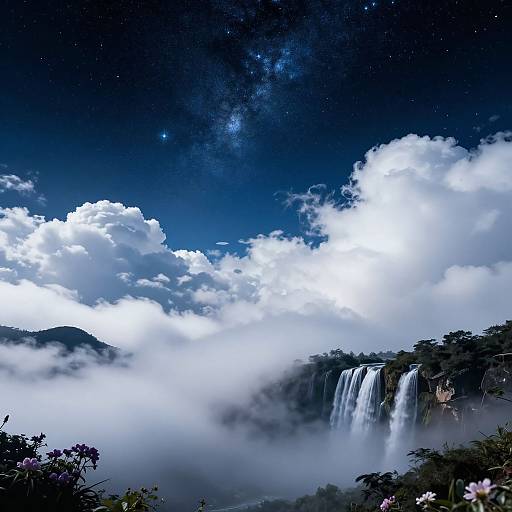 Photograph of a majestic waterfall cascading into a misty valley, under a starry night sky with the Milky Way visible, surrounded by lush green