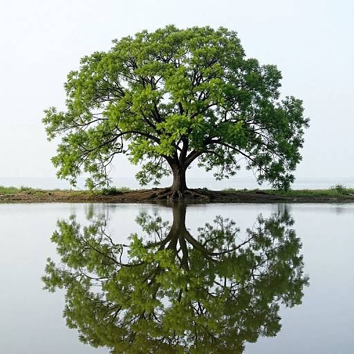 Photograph of a solitary, lush green tree with a broad trunk and dense foliage, perfectly reflected in still, mirror-like water.