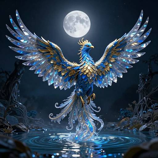 Surreal Phoenix Soaring to Moon