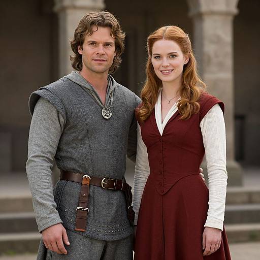 Photograph of actors Josh Dallas and Anna Hopkins dressed in medieval attire, standing outside a stone building. He wears a gray tunic with a belt,