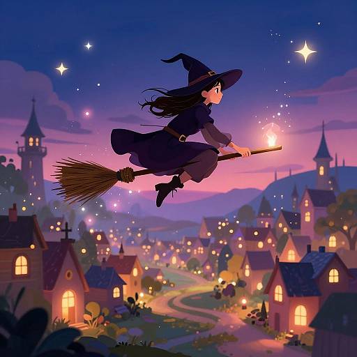 Young Witch Flying Over Enchanted Village