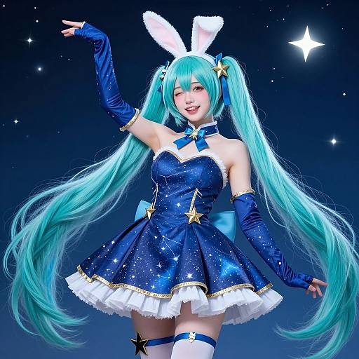 Digital anime-style artwork of a turquoise-haired girl in a blue starry dress, white bunny ears, long twin-tails, and blue gloves, posing