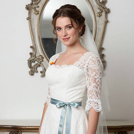 Photograph of a young, fair-skinned bride with brown hair in an updo, wearing a white lace wedding dress with blue ribbon and veil,