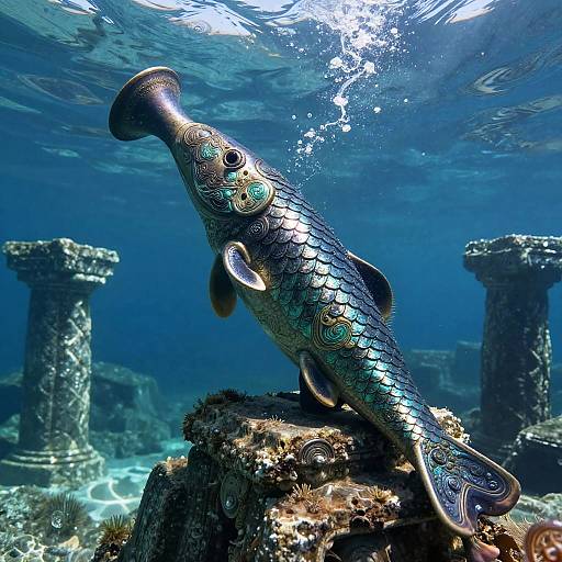 Photograph of a vibrant, iridescent fish with intricate scales, swimming over a coral reef, surrounded by ancient stone pillars underwater.