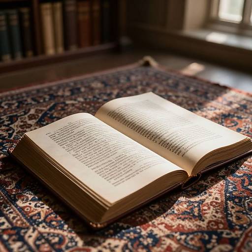 Photograph of an open book on a patterned rug, sunlight streaming through a window, with a blurred bookshelf in the background.