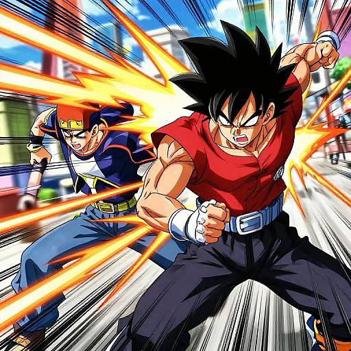 Digital anime-style drawing of intense battle: Goku in red shirt and black pants, firing energy beams, faces off against Vegeta in blue and white.