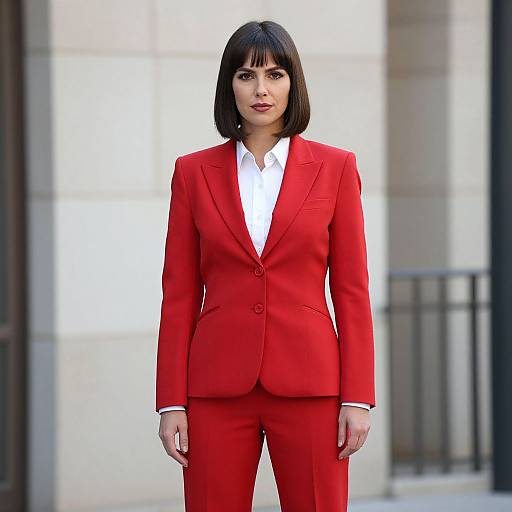 Photograph of a confident woman with straight black bob haircut, wearing a bright red suit and white shirt, standing in front of a blurred urban background.