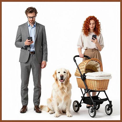 Man and Woman with Baby Carriage and Golden Retriever