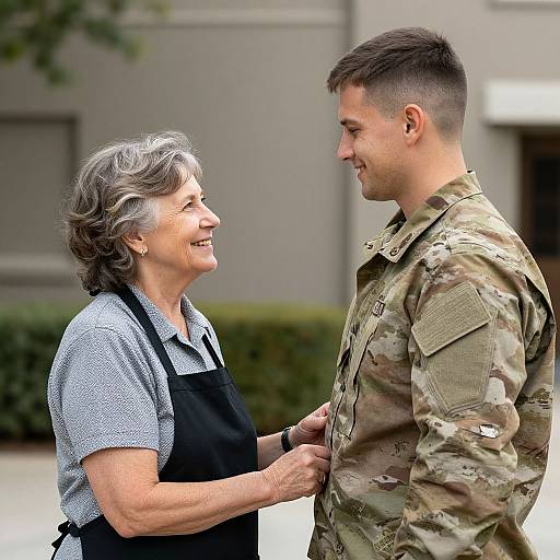 Photograph of a smiling elderly woman with gray hair in a blue shirt and black apron shaking hands with a young man in camouflage military uniform outdoors.