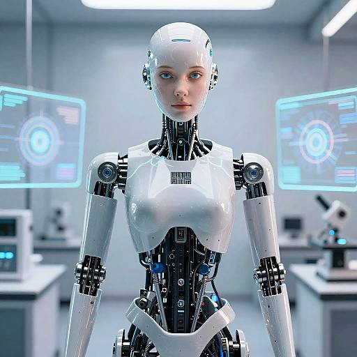 Photorealistic CGI of a white, female humanoid robot with blue eyes, standing in a futuristic lab with glowing blue screens.